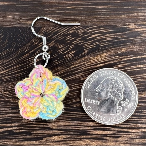 Handmade Crochet Star Earrings on Hypoallergenic White Gold Plated Hooks - Picture 3 of 6